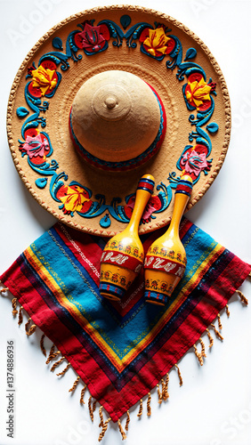 Vibrant traditional Mexican sombrero, maracas, and poncho isolated on transparent background for cultural events, travel brochures, and Cinco de Mayo ads    keywords:   Mexican, sombrero, maracas, 