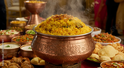 Exquisite biryani feast served in ornate copper pots at celebratory event