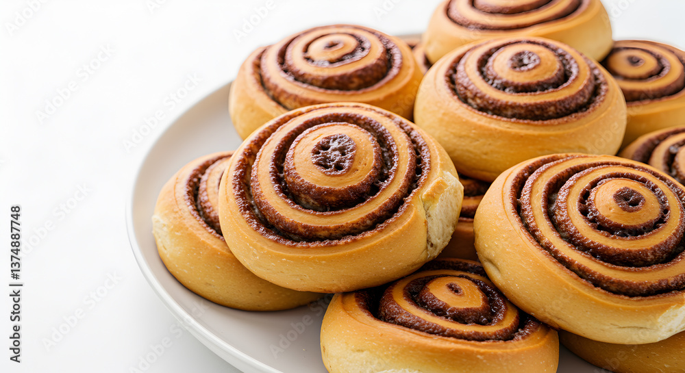 Fototapeta premium Delightful cinnamon rolls with chocolate swirls enticingly arranged on white backdrop