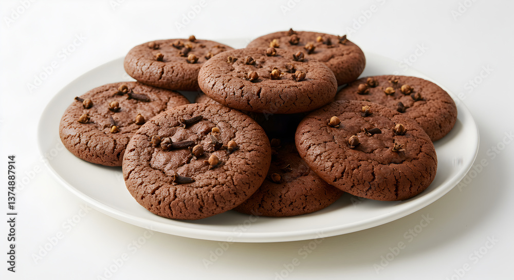 Fototapeta premium Aromatic chocolate and clove cookies delightfully arranged on a white plate