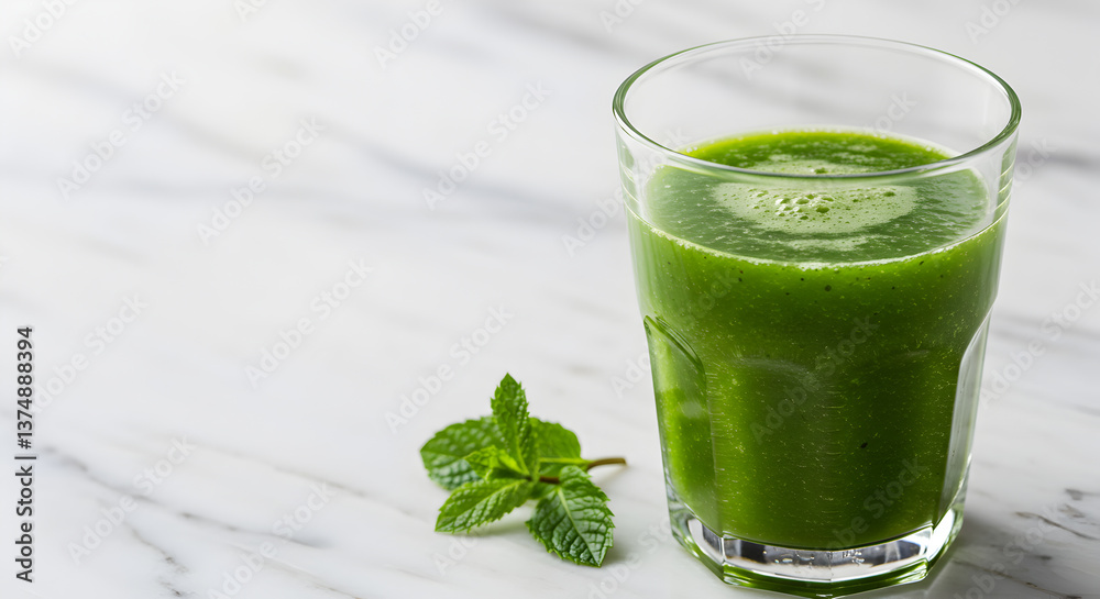 Refreshing cold-pressed green juice with pineapple, spinach, and mint on marble backdrop Refreshing cold-pressed green juice with pineapple, spinach, and mint on marble backdrop