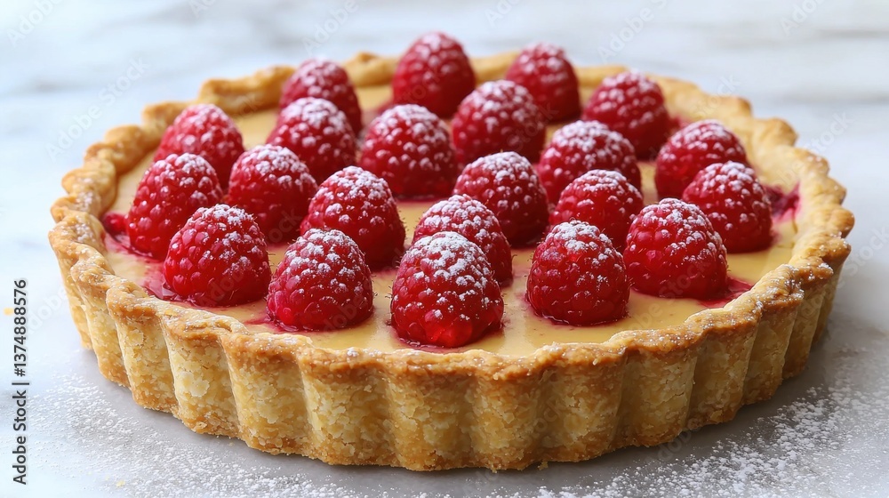 An elegant raspberry tart filled with creamy custard, topped with fresh berries, and dusted with sugar. An elegant raspberry tart filled with creamy custard, topped with fresh berries, and dusted with sugar.