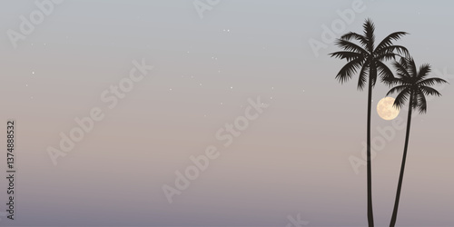 Minimalist tropical climate with silhouette palm trees and full moon have vanilla sky horizontal background graphic illustration.