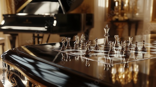 Elegant chess set on a polished table reflecting light, with a grand piano in the background, creating an atmosphere of sophistication and strategy