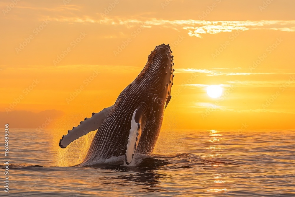 Fototapeta premium A humpback whale leaps from the calm water against a vibrant sunset, showcasing its majestic form and splashing droplets Generative AI