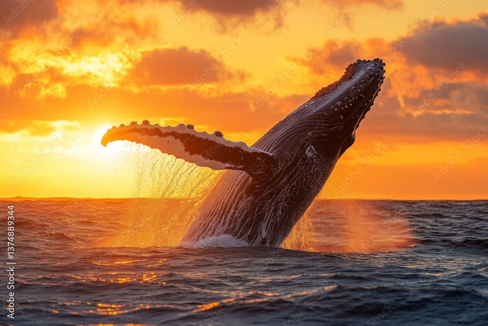 Obraz premium A humpback whale leaps from the ocean, creating a splash against the vibrant sunset sky, illustrating nature's beauty and power Generative AI