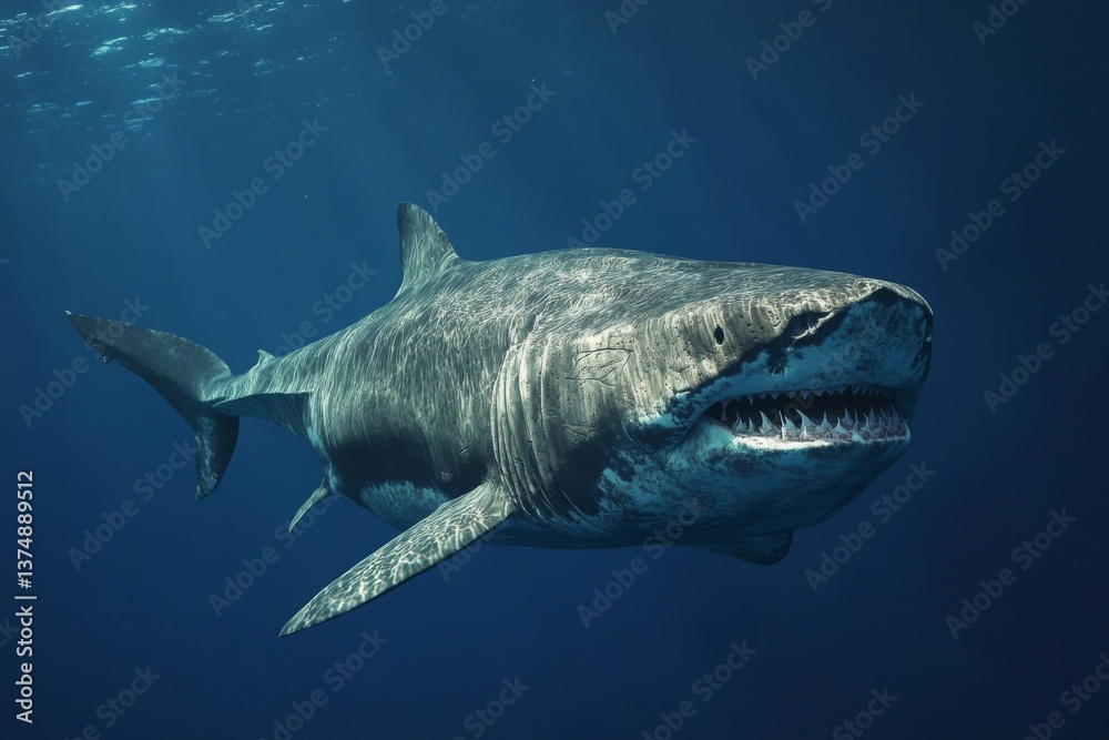 Fototapeta premium A massive shark glides effortlessly through the deep blue ocean, showcasing its impressive size and powerful presence in sunlight Generative AI