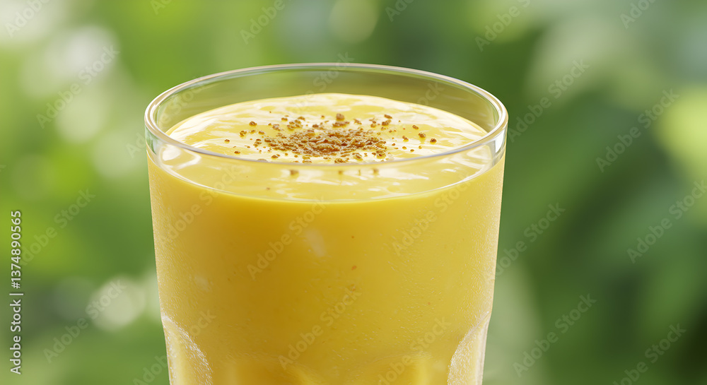 Refreshing mango and coconut lassi with cardamom dust in a glass Refreshing mango and coconut lassi with cardamom dust in a glass