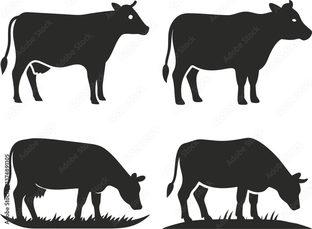 Fototapeta premium Vector farm animal silhouettes depict black outlines of cow