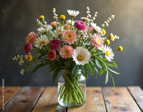 Wallpaper Mural A glass vase with freshly picked wildflowers, on a wooden table. Torontodigital.ca