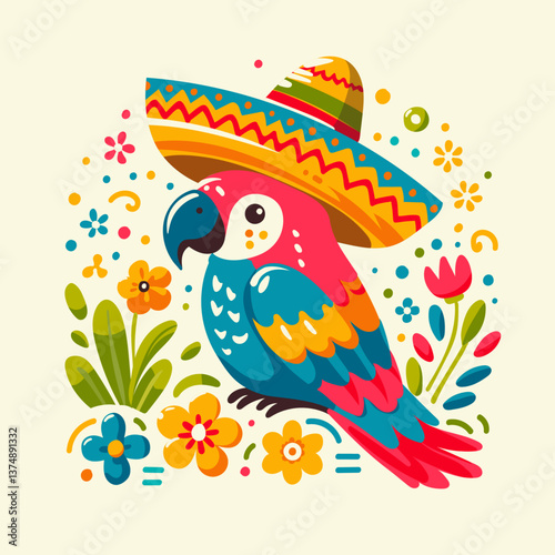 A bright and cheerful illustration of a colorful parrot adorned with a sombrero, surrounded by vibrant floral decorations, conveying a festive and lively atmosphere. Ideal for cheerful and celebratory