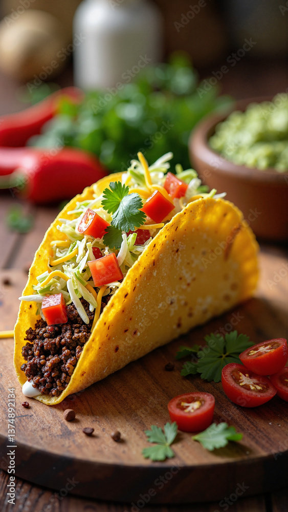 Isolated crispy golden-brown taco with seasoned beef, fresh toppings, and melted cheese on transparent background, perfect for food ads, menus, blogs, and social media keywords: taco, crispy,
