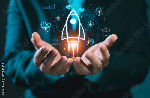 Startup business concept: a rocket is launching into space, just like for growing businesses and fast business success. digital marketing, idea generation, startup founder, network connection