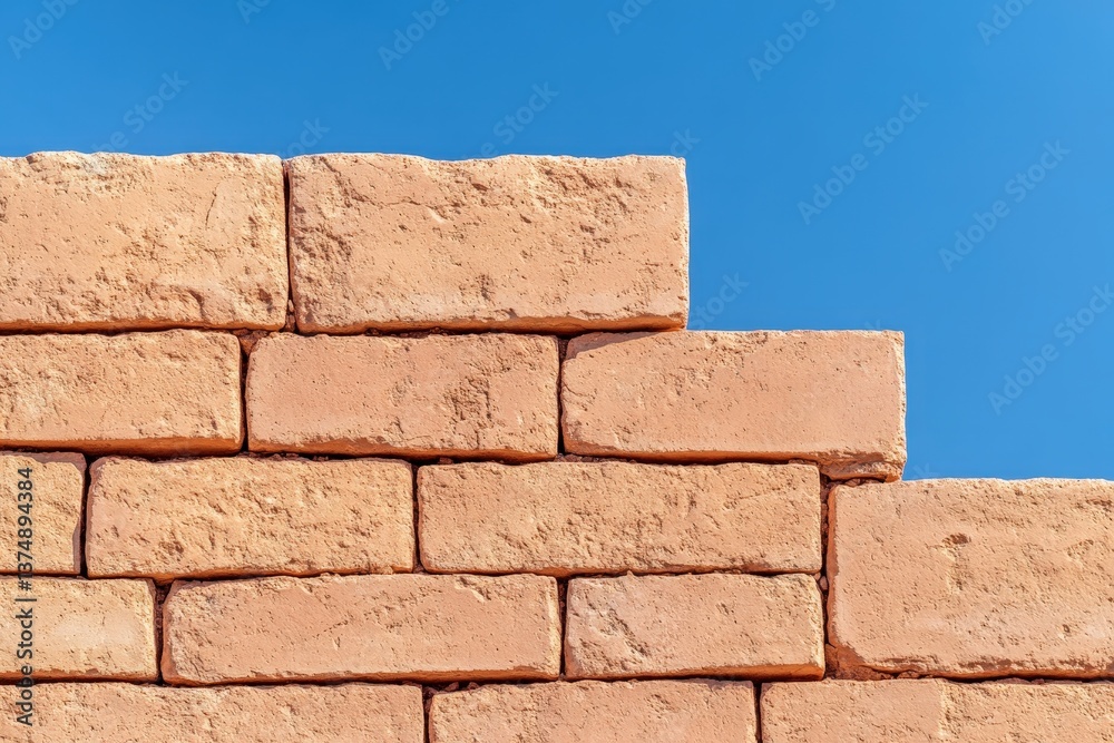 Obraz premium A close-up of a brick wall against a clear blue sky, showcasing textured terracotta bricks stacked in a staggered pattern.