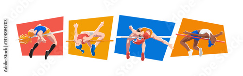 High jump female athlete characters. Sport, running, jumping, athletic concept. Cartoon flat vector illustration.