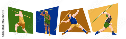 Javelin throwing male athlete characters. Sport, javelin, athletics concept. Cartoon flat vector illustration.