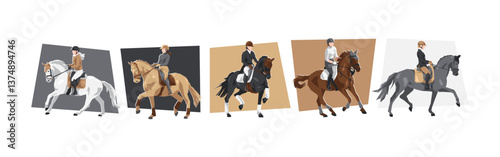 Horse and female jockey characters with action, different poses. Equestrian sport, dressage. Cartoon flat vector illustration.
