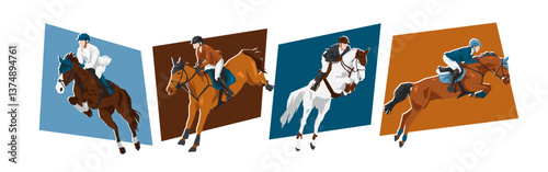 Horse and male jockey characters with action, different poses. Show jumping, equestrian sport. Cartoon flat vector illustration.