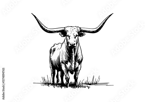 Texas Longhorn cattle hand drawn vector illustration