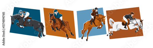 Horse and female jockey characters with action, different poses. Show jumping, equestrian sport. Cartoon flat vector illustration.