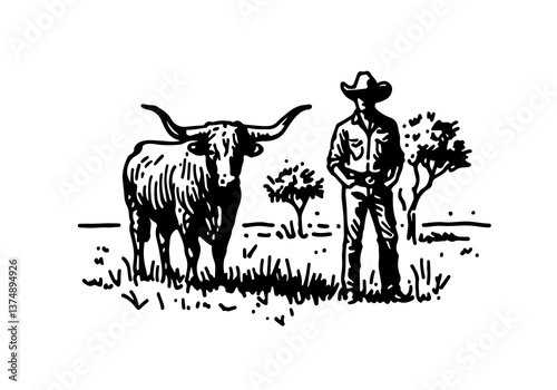 Texas Longhorn cattle hand drawn vector illustration