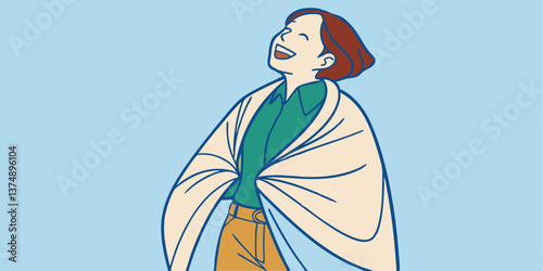 Asian woman smiling widely while wrapped tightly in a white blanket, looking to the side with an excited expression, standing against a plain blue background