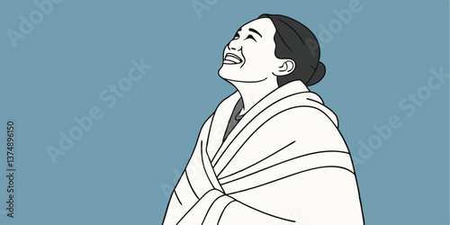 Asian woman smiling widely while wrapped tightly in a white blanket, looking to the side with an excited expression, standing against a plain blue background