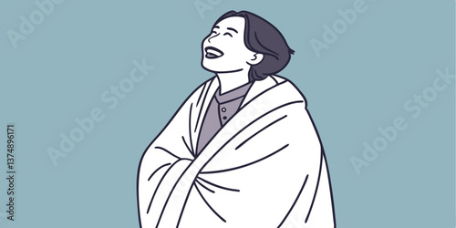 Asian woman smiling widely while wrapped tightly in a white blanket, looking to the side with an excited expression, standing against a plain blue background