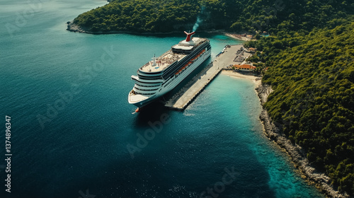 A cruise ship is docking at an exotic island destination, and passengers are ready to disembark and explore the beautiful beach.