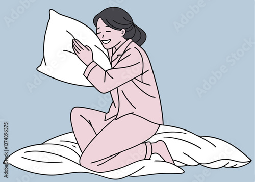 Asian woman in pink pajamas hugs a soft white pillow while sitting on a bed under a white blanket, smiling gently against a plain blue background, expressing comfort and warmth.