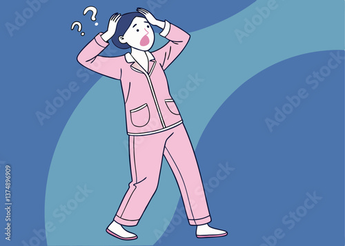 Asian woman in pink pajamas looks surprised and confused with mouth open and both hands raised, standing against a solid blue background, expressing shock or uncertainty in casual sleepwear