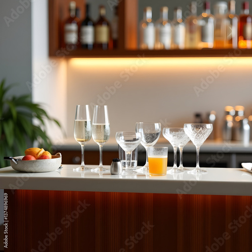  A chic hotel bar setup with a polished countertop and various cocktail glasses ready to be served, symbolizing nightlife and hospitality, realistic detail on white background.