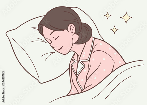 Asian woman peacefully sleeping on white bed with eyes closed, wearing pink pajamas under a white blanket and resting on a soft blue pillow in a calm and cozy bedroom setting