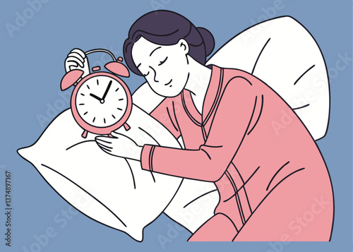 Asian woman in pink pajamas sleeping peacefully on a white bed, holding a classic alarm clock with eyes closed and relaxed expression, against a plain blue background symbolizing rest and time