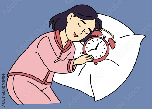 Asian woman in pink pajamas sleeping peacefully on a white bed, holding a classic alarm clock with eyes closed and relaxed expression, against a plain blue background symbolizing rest and time
