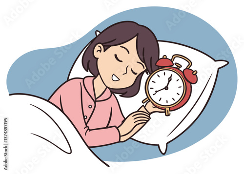 Asian woman in pink pajamas sleeping peacefully on a white bed, holding a classic alarm clock with eyes closed and relaxed expression, against a plain blue background symbolizing rest and time