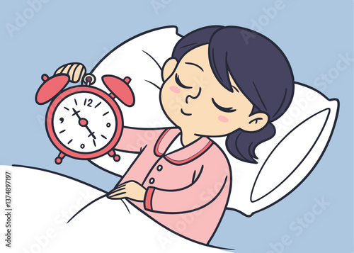 Asian woman in pink pajamas sleeping peacefully on a white bed, holding a classic alarm clock with eyes closed and relaxed expression, against a plain blue background symbolizing rest and time