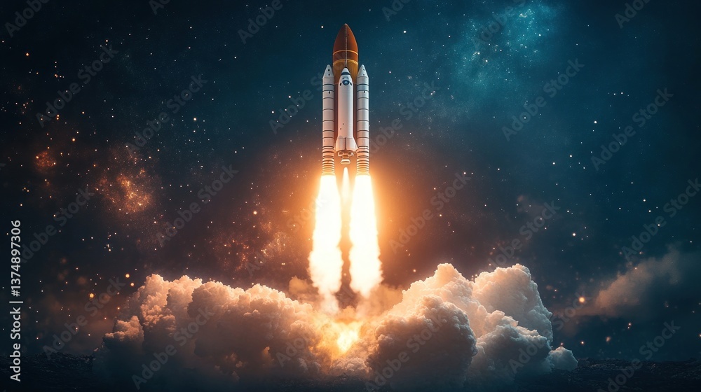 Naklejka premium Spaceship takes off into the sky
