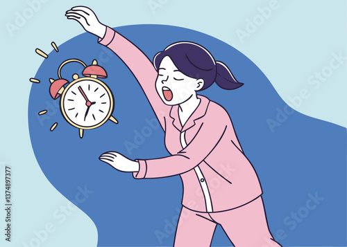 Asian woman in pink pajamas yawning and stretching while holding a vintage alarm clock, expressing morning tiredness or wake-up struggle, with a solid blue background