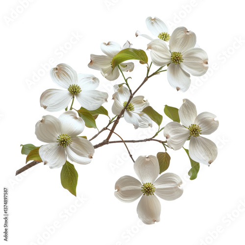 Elegant white dogwood flowers arranged on a natural branch with fresh green leaves showcasing delicate petals in a soft and serene composition