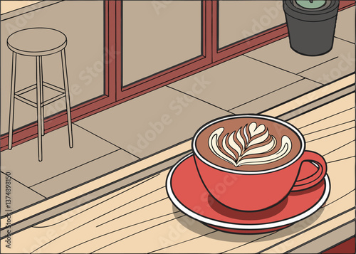 Top view of latte art in a red ceramic cup on matching saucer, placed on wooden café table with blurred modern background, showcasing warm coffee culture and cozy atmosphere in an Asian coffee shop