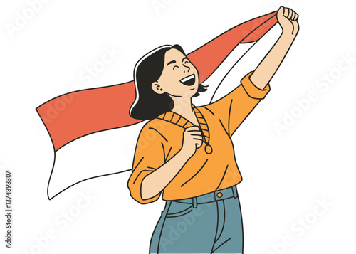 Joyful Southeast Asian woman with straight black hair in orange ruffled blouse and jeans, smiling with one clenched fist raised in a celebratory gesture against plain white background