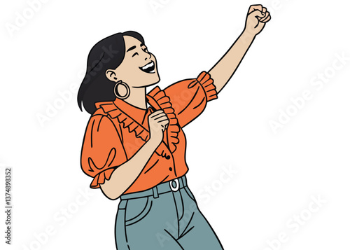 Joyful Southeast Asian woman with straight black hair in orange ruffled blouse and jeans, smiling with one clenched fist raised in a celebratory gesture against plain white background