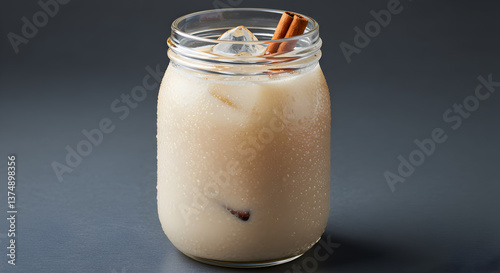 Refreshing cold horchata beverage served in a mason jar with cinnamon spice
