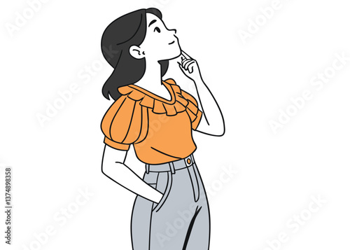 Pensive Southeast Asian woman with straight black hair in orange ruffled blouse and jeans standing against white background, touching face with index finger and looking up thoughtfully