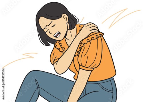 Asian woman in orange ruffle blouse and jeans grimacing in pain while holding her shoulder tightly, expressing discomfort or injury, with eyes closed against a plain white background