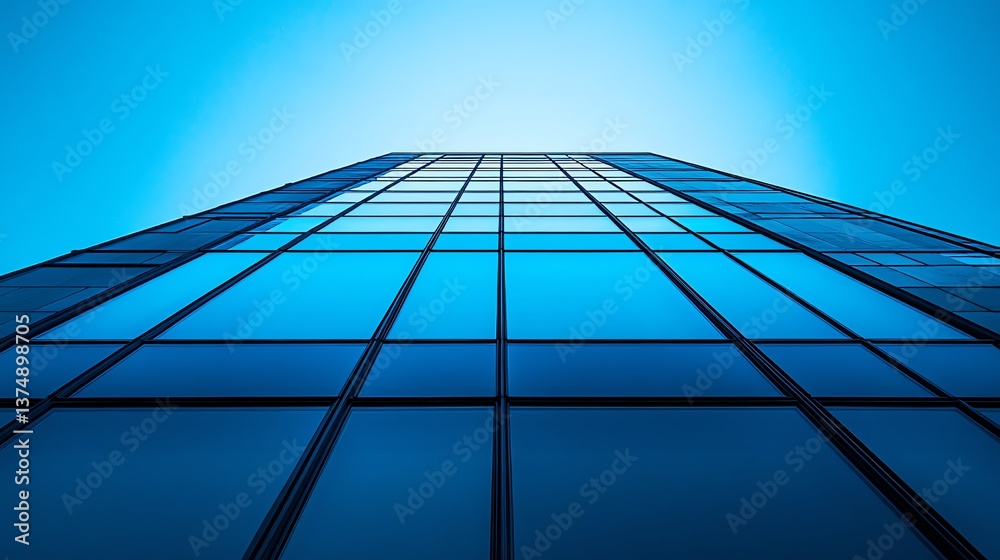 Obraz premium Looking up at tall blue glass building against bright sky