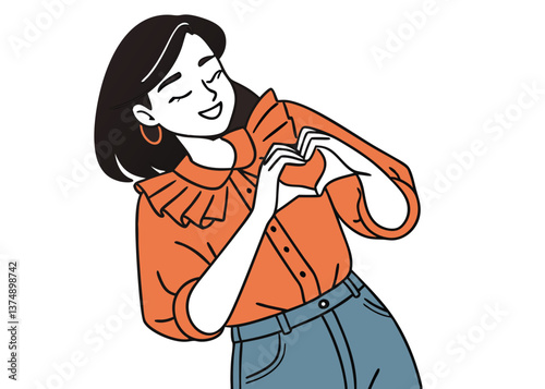 Southeast Asian woman with straight black hair in orange ruffled blouse and jeans, smiling sweetly while making a heart shape with hands against a plain white studio background