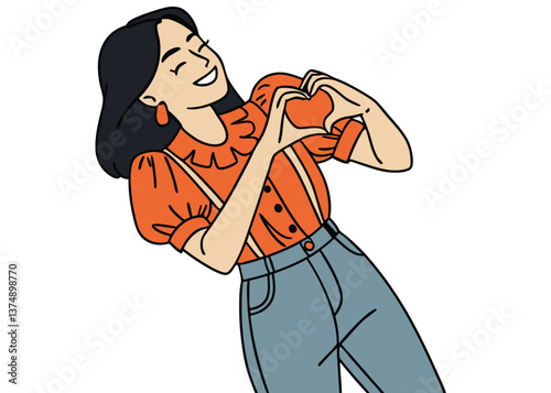 Southeast Asian woman with straight black hair in orange ruffled blouse and jeans, smiling sweetly while making a heart shape with hands against a plain white studio background
