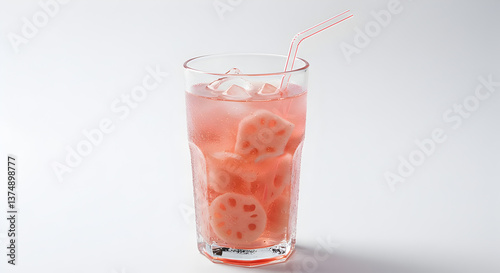 Wallpaper Mural Refreshing cold lotus root beverage with ice cubes in a glass on white background Torontodigital.ca
